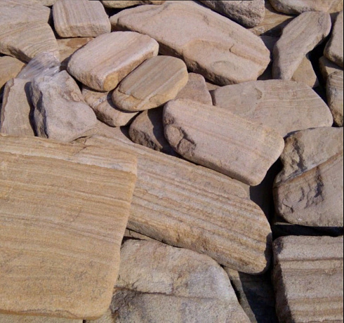 Kamenclub.ru: Песчаник пластушка галтованный желтый с рисунком (3 см)  купить в Челябинске плитняк - пластушка желтый песчаник 21000 руб/м3   фото КАМЕНЬ КЛУБ