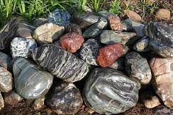 Kamenclub.ru: Ландшафтные валунчики фр.100-500 мм.  купить в Челябинске крупный природный камень серый, темно-серый, светло-серый речной валун крупный 4800 руб/т   фото КАМЕНЬ КЛУБ