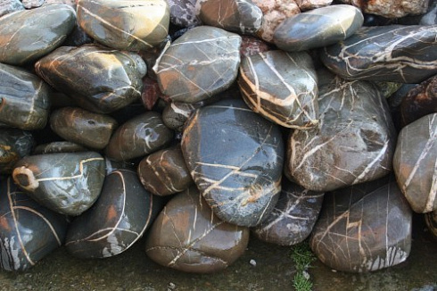 Kamenclub.ru: Валунчик Паутинник фр.100-300 мм  купить в Челябинске крупный природный камень галечник темно-серый с прожилками белый черный речной валунчик 5000 руб/т   фото КАМЕНЬ КЛУБ