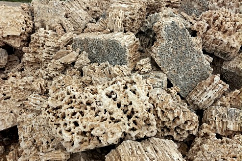 Kamenclub.ru: Крымский природный меотис фр. 100-500 мм.  купить в Челябинске меотис бежевый рыжий молочный желтый ракушечник 4 500 руб/т   фото КАМЕНЬ КЛУБ